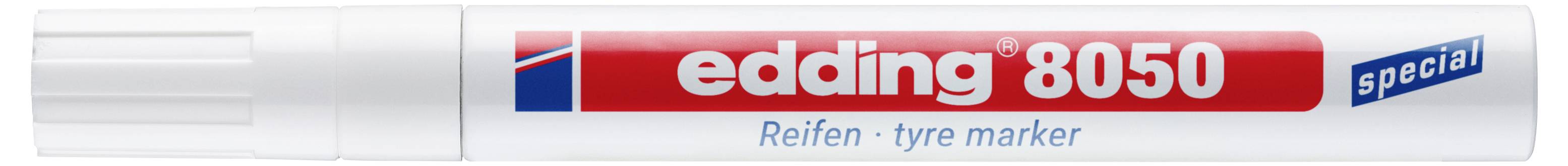 Stylo marqueur de pneu Edding 8050 blanc avec étiquette rouge, marqué « spécial », présenté horizontalement.
