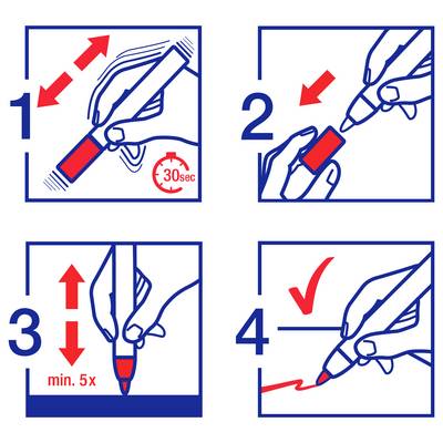Graphique d'instructions en quatre étapes : secouer le stylo pendant 30 secondes, appuyer sur la pointe pour l'activer, pomper au moins 5 fois, puis tracer une ligne pour tester le flux d'encre.