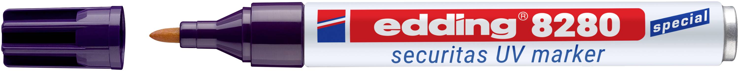 Stylo marqueur UV Edding 8280 spécial Securitas de couleur violette avec le capuchon retiré, montrant la pointe et le canon étiqueté.