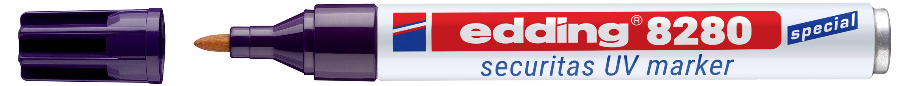 Marqueur UV spécial Edding 8280 violet avec capuchon retiré, montrant une pointe de stylo orange et un corps blanc étiqueté pour le marquage UV.