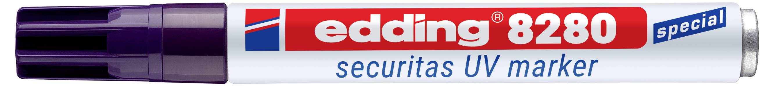 Stylo marqueur UV Edding 8280 spécial Securitas à capuchon violet avec étiquette rouge et blanche.