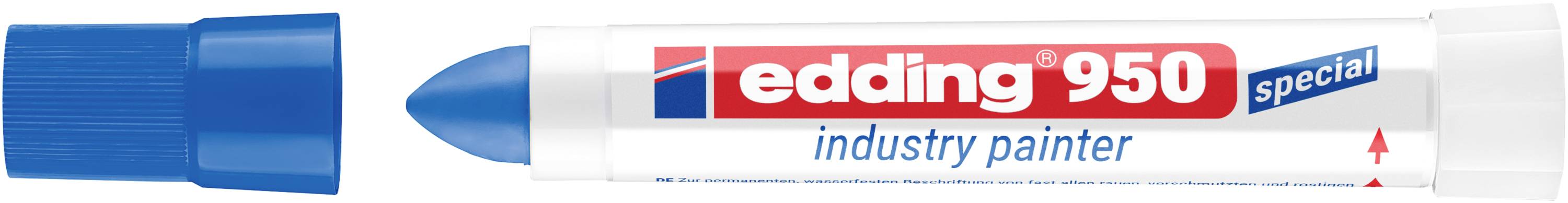 Marqueur Edding 950 industry painter blanc et bleu avec capuchon bleu et pointe cylindrique bleue, étiqueté « edding 950 special » et « industry painter ».
