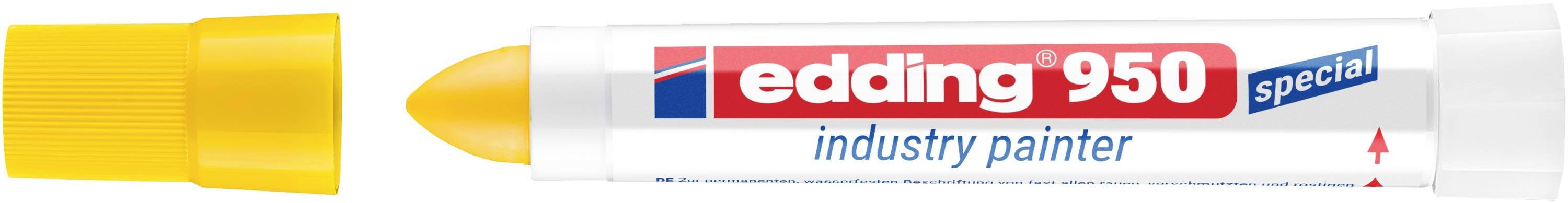 Marqueur blanc à capuchon jaune étiqueté « edding 950 special industry painter » avec la pointe de peinture jaune présentée à côté du corps du stylo.
