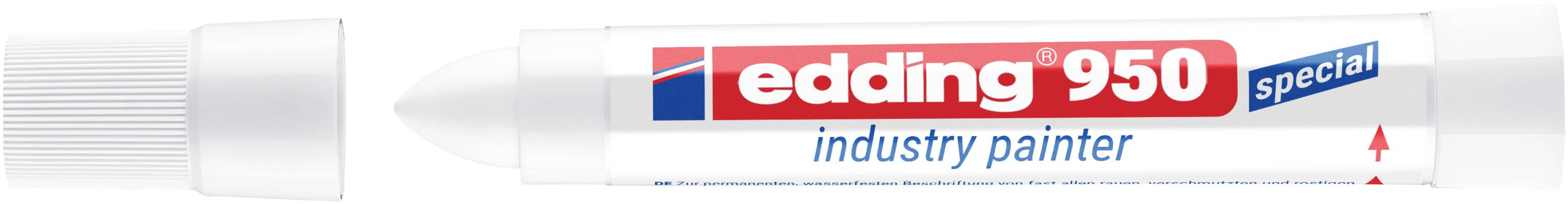 Marqueur de peinture industriel blanc Edding 950 avec une pointe à large biseau et une étiquette rouge et bleu, présenté en vue latérale.