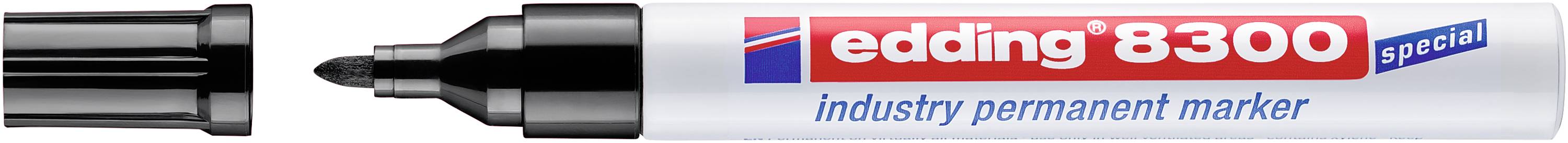 Marqueur permanent de l'industrie spécialisée Edding 8300 avec capuchon noir et pointe, montré en vue latérale avec texte d'étiquette sur un fût argenté.