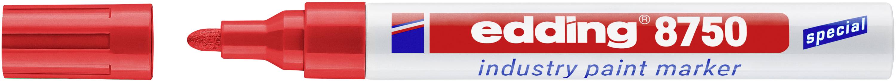 Marqueur de peinture pour industries spéciales Red Edding 8750 avec capuchon, présenté horizontalement avec la pointe exposée et l'étiquette visible.