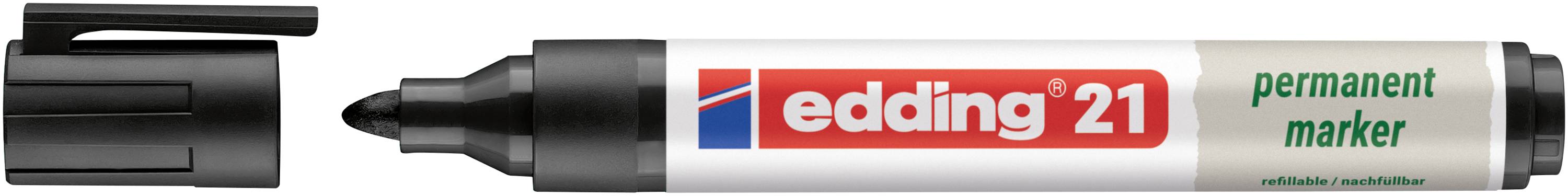Un stylo feutre permanent Edding 21 noir avec son capuchon montré à côté sur un fond blanc.