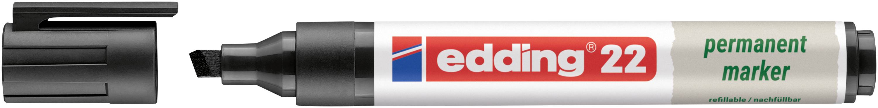 Un stylo marqueur permanent noir étiqueté « edding 22 » avec le capuchon retiré, montrant la pointe biseautée et la marque sur le corps du stylo.