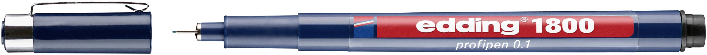 Un stylo technique bleu Edding 1800 profipen 0.1, présenté fermé à gauche et ouvert à droite avec sa pointe fine exposée.