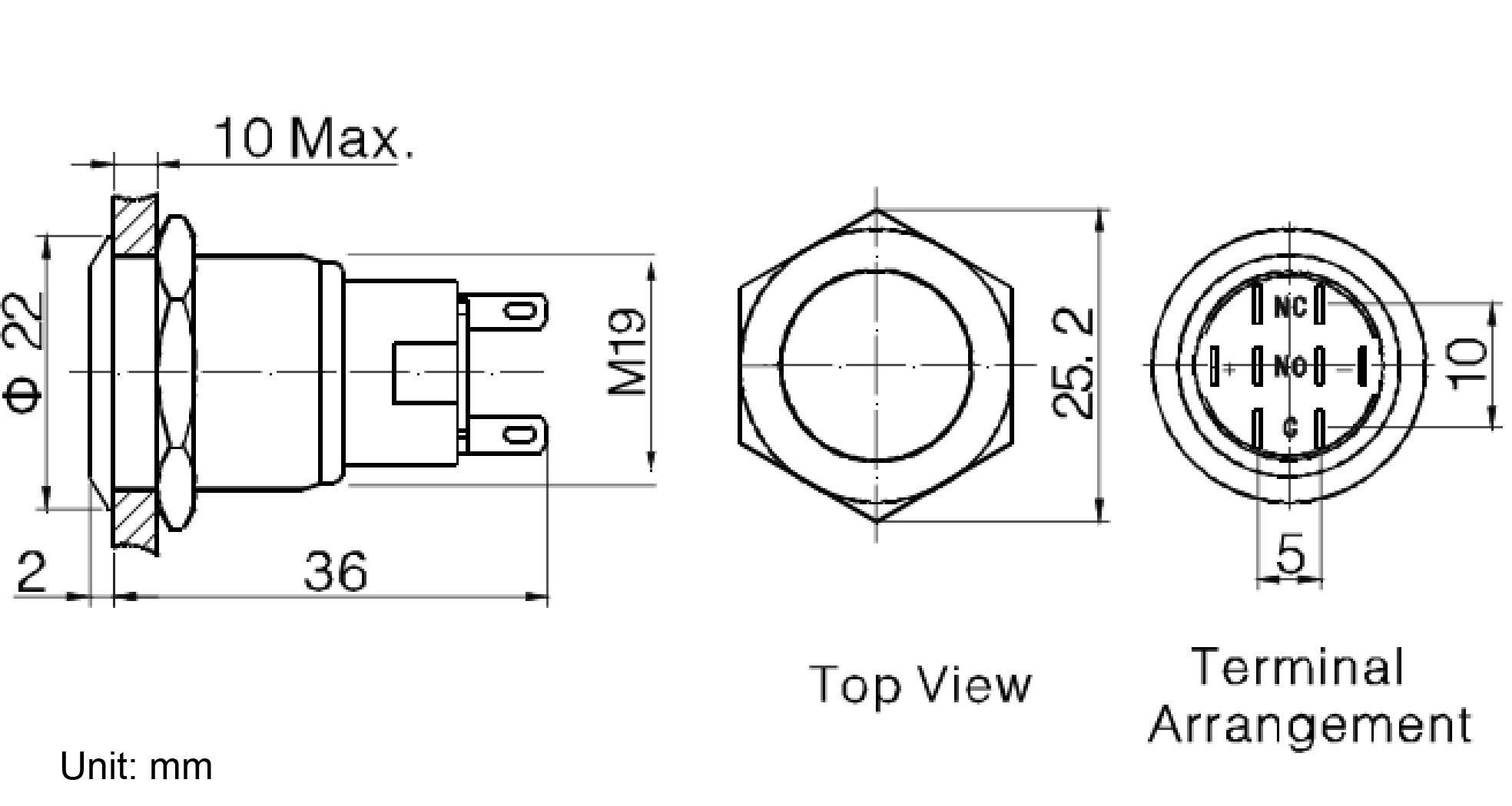 Diagramme d'un interrupteur électrique : à gauche vue latérale avec dimensions, en haut vue de dessus, à droite disposition des connexions (NO, NC, C). Unité de mesure mm.