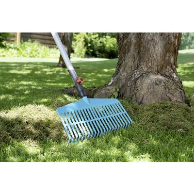 Un râteau bleu en plastique est appuyé contre un tronc d'arbre sur une pelouse. Un jardin est visible en arrière-plan.