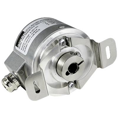 Un dispositif métallique de forme cylindrique, probablement un encodeur ou un capteur, pourvu de trous de fixation et de connexions électriques.