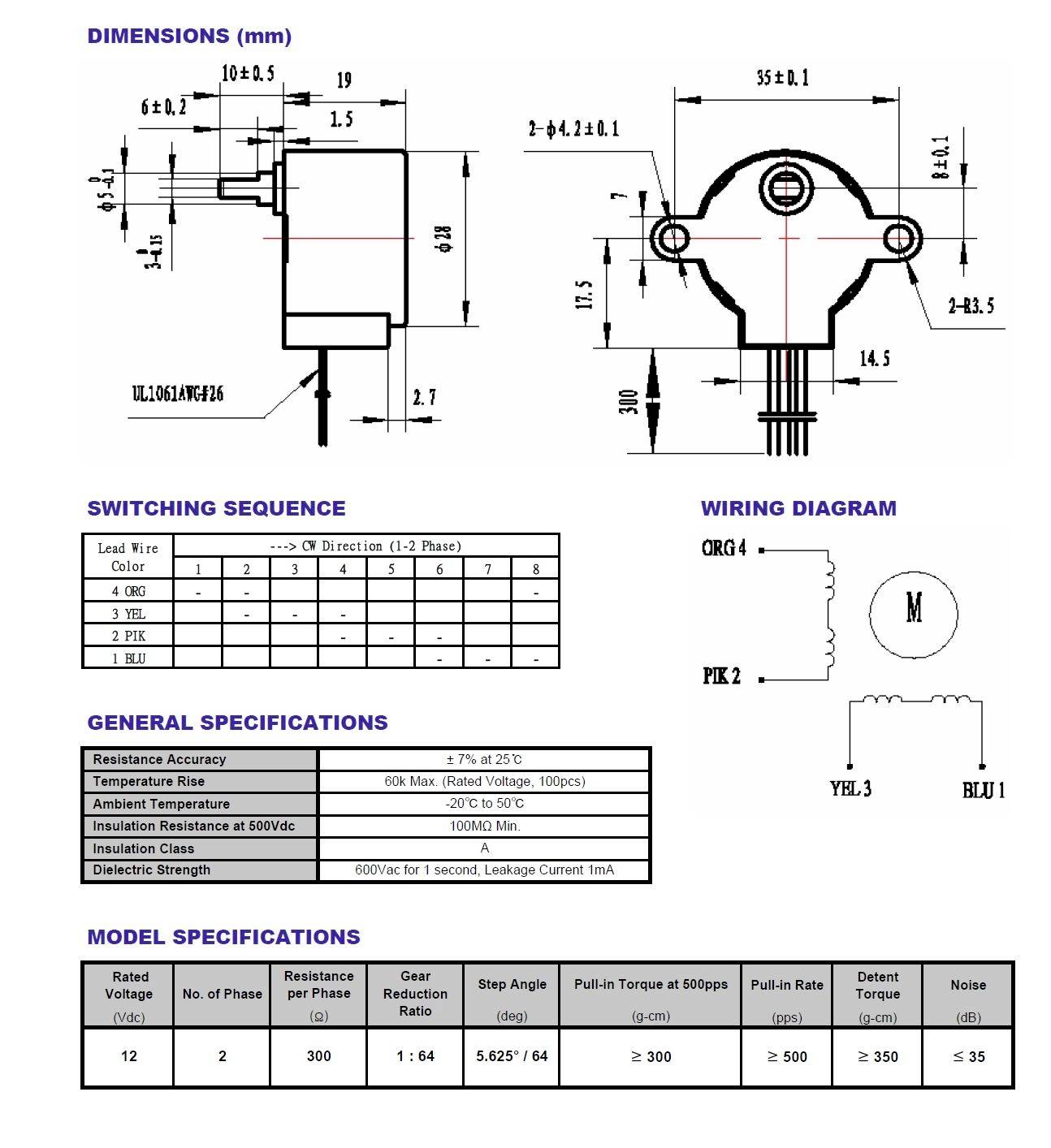 'Schéma de câblage et dessin technique d'un moteur avec séquence de commutation, indications de résistance et informations de modèle en mm et pouces.'