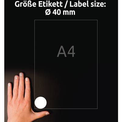 Une main est posée à côté d'une feuille A4. Un cercle blanc de ø 40 mm y est dessiné. Texte en haut de l'image : 'Größe Etikett / Label size: Ø 40 mm'.