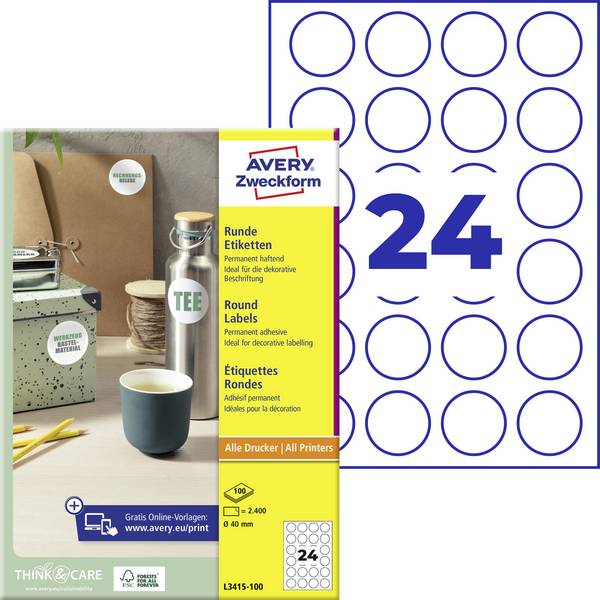 Avery-Zweckform L3415-100 Etiquette universelles Ø 40 mm papier blanc 2400 pc(s) fixation permanente  imprimante à jet d'encre, imprimante laser, imprimante laser couleur, photocopieuse, photocopieuse couleur, inscription à main