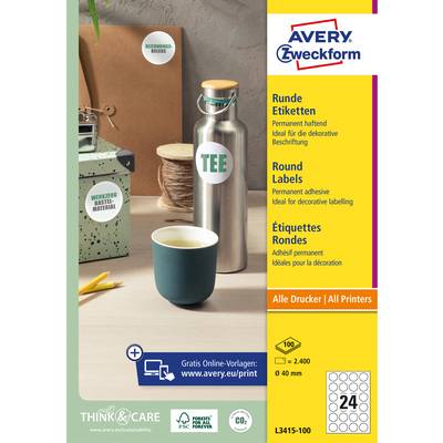 'Image d'un emballage d'étiquettes d'Avery Zweckform avec des étiquettes rondes à adhésif permanent. Représentés : une thermos et une tasse.'