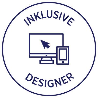 Logo rond avec le texte « DESIGNER INCLUSIF » ; au centre un moniteur avec un pointeur de souris et un smartphone comme symbole du design accessible.
