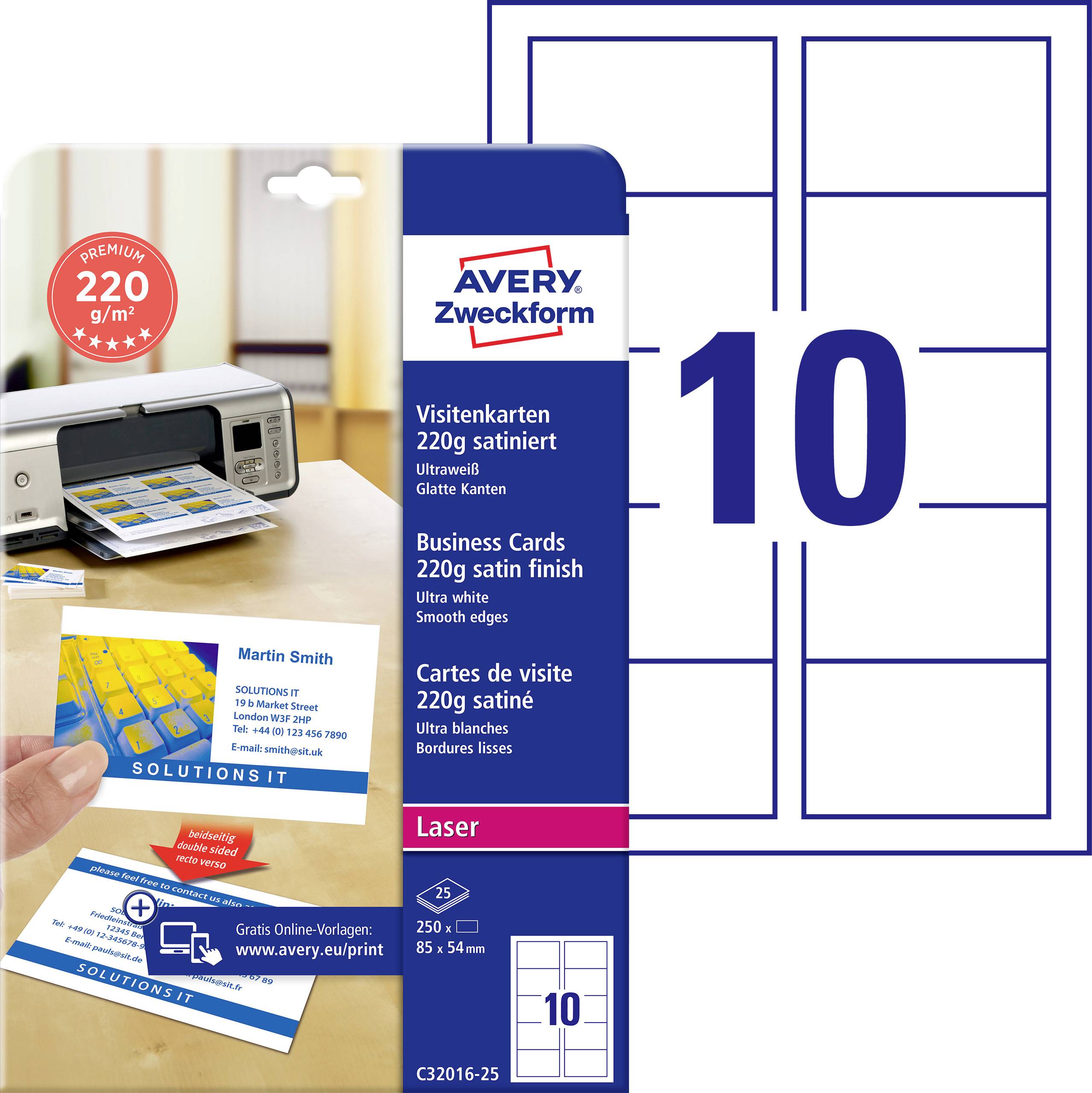 Paquet de papier cartes de visite Avery Zweckform pour imprimantes laser, 220 g/m², 10 feuilles, avec aperçu des cartes de visite imprimées.