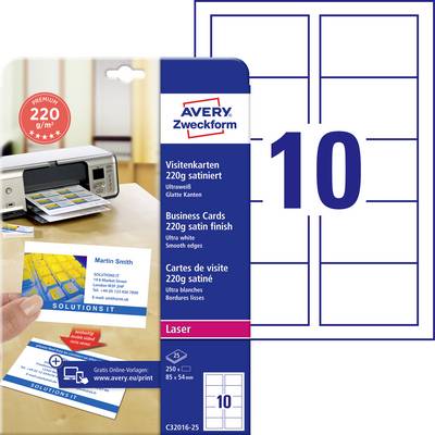 Paquet de papier cartes de visite Avery Zweckform pour imprimantes laser, 220 g/m², 10 feuilles, avec aperçu des cartes de visite imprimées.