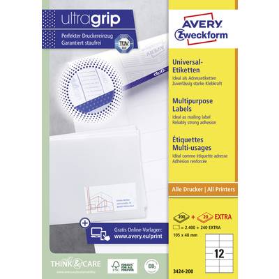 Emballage d'étiquettes universelles Avery Zweckform (Modèle 3424-200) pour différentes imprimantes. Contient 2 640 étiquettes, 105 x 48 mm.