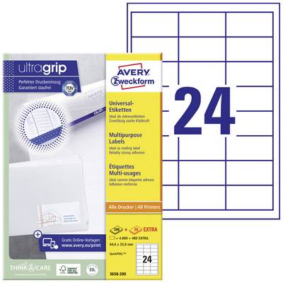 Boîte et feuilles d'étiquettes Avery Zweckform avec 24 étiquettes autocollantes rectangulaires par feuille, comprenant des modèles en ligne gratuits.