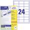 Boîte et feuilles d'étiquettes Avery Zweckform avec 24 étiquettes autocollantes rectangulaires par feuille, comprenant des modèles en ligne gratuits.