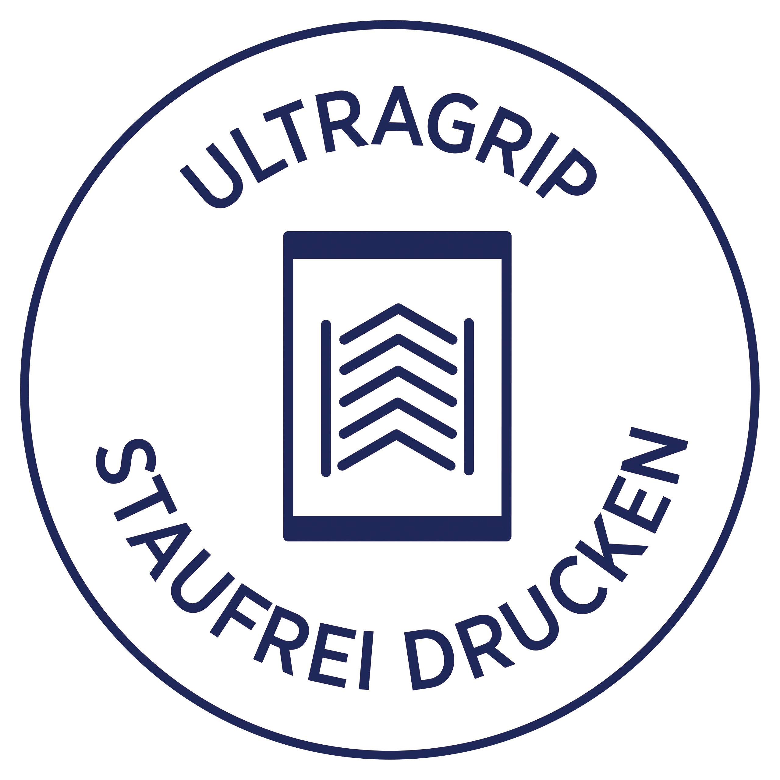 'Ultragrip - Impression sans bourrage' est inscrit dans un cercle autour d'un symbole représentant du papier avec des flèches pointant vers le haut.