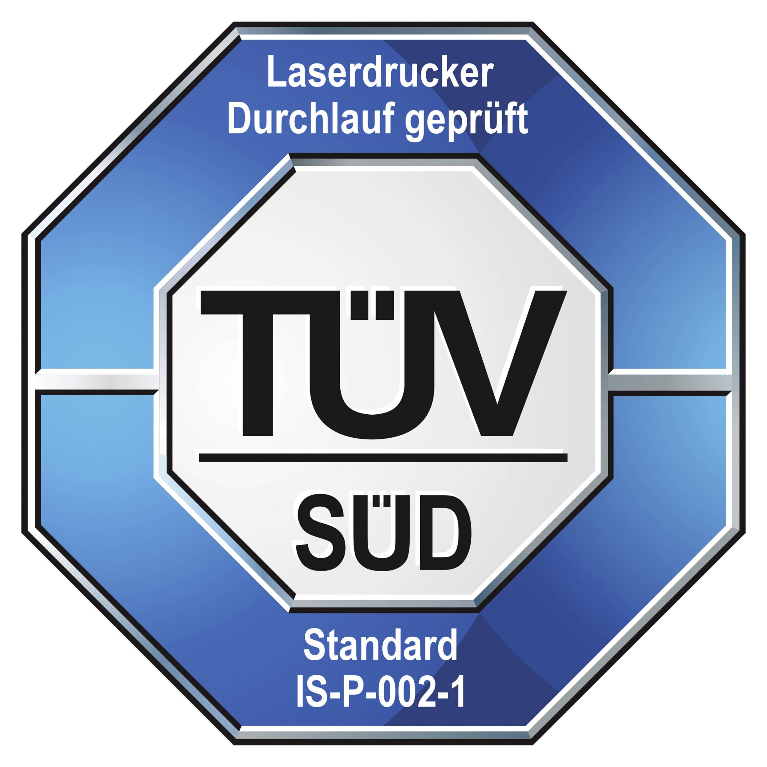 Image d'un sceau TÜV SÜD pour imprimantes laser, essai de course effectué, norme IS-P-002-1.