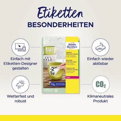Particularités d'étiquettes : Étiquettes repositionnables et résistantes aux intempéries d'Avery Zweckform, produit neutre en carbone.