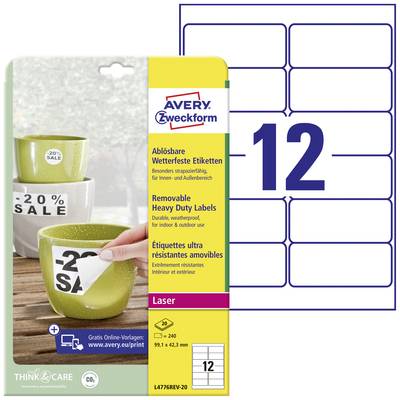 Emballage d'étiquettes amovibles Avery Zweckform. Sur la face avant de l'emballage, on montre comment coller une étiquette sur une tasse. À gauche de l'image.