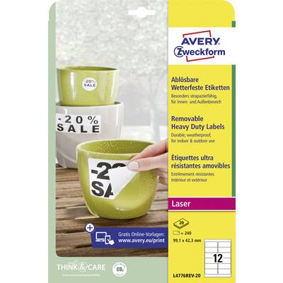 'Emballage de produit pour étiquettes amovibles et résistantes aux intempéries Avery Zweckform, avec tasse verte. Pour utilisation intérieure et extérieure, compatible laser, 240 étiquettes.'