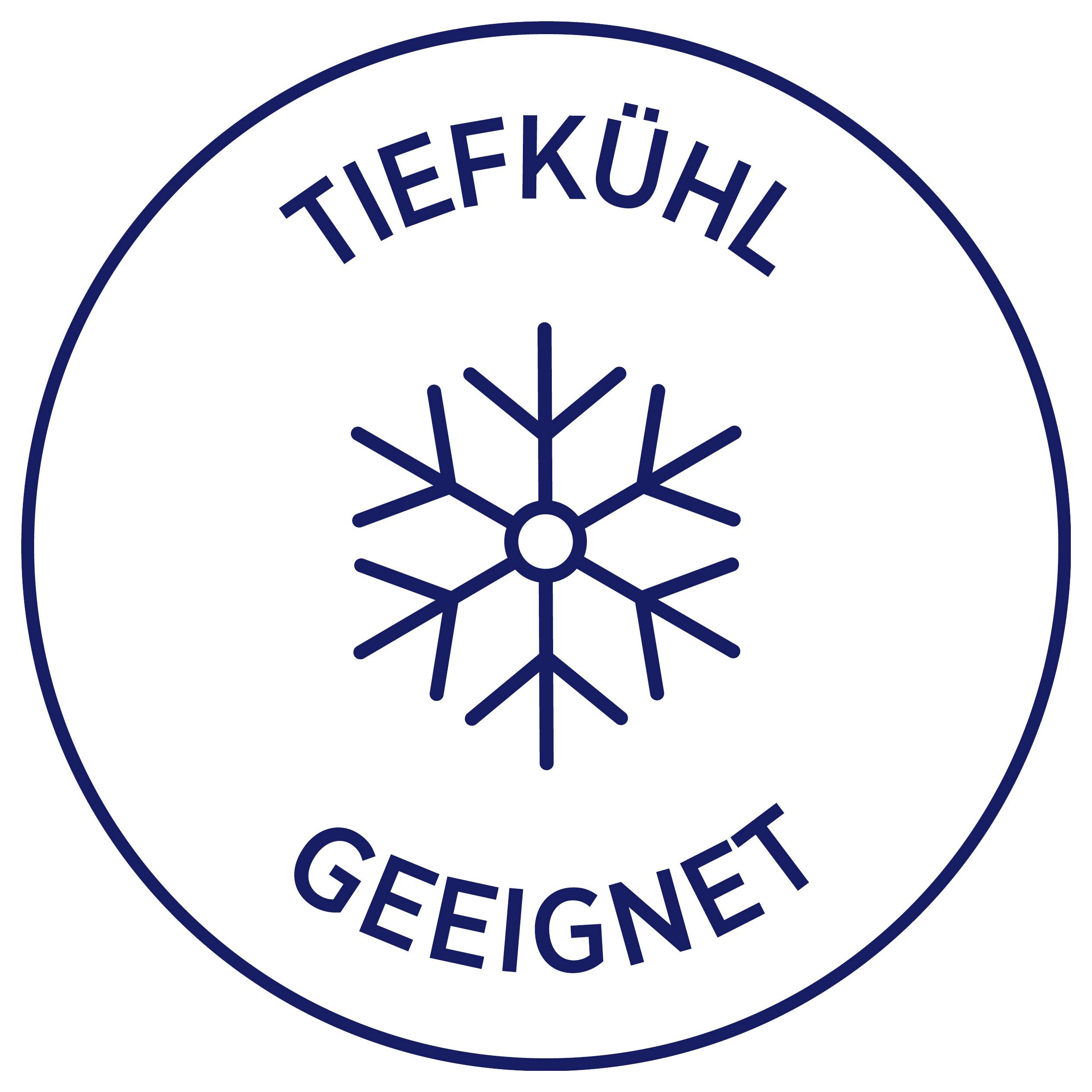 Sceau rond avec symbole de flocon de neige et le texte « CONGÉLATION » en haut ainsi que « APPROPRIÉ » en bas, désigne un produit adapté à la congélation.