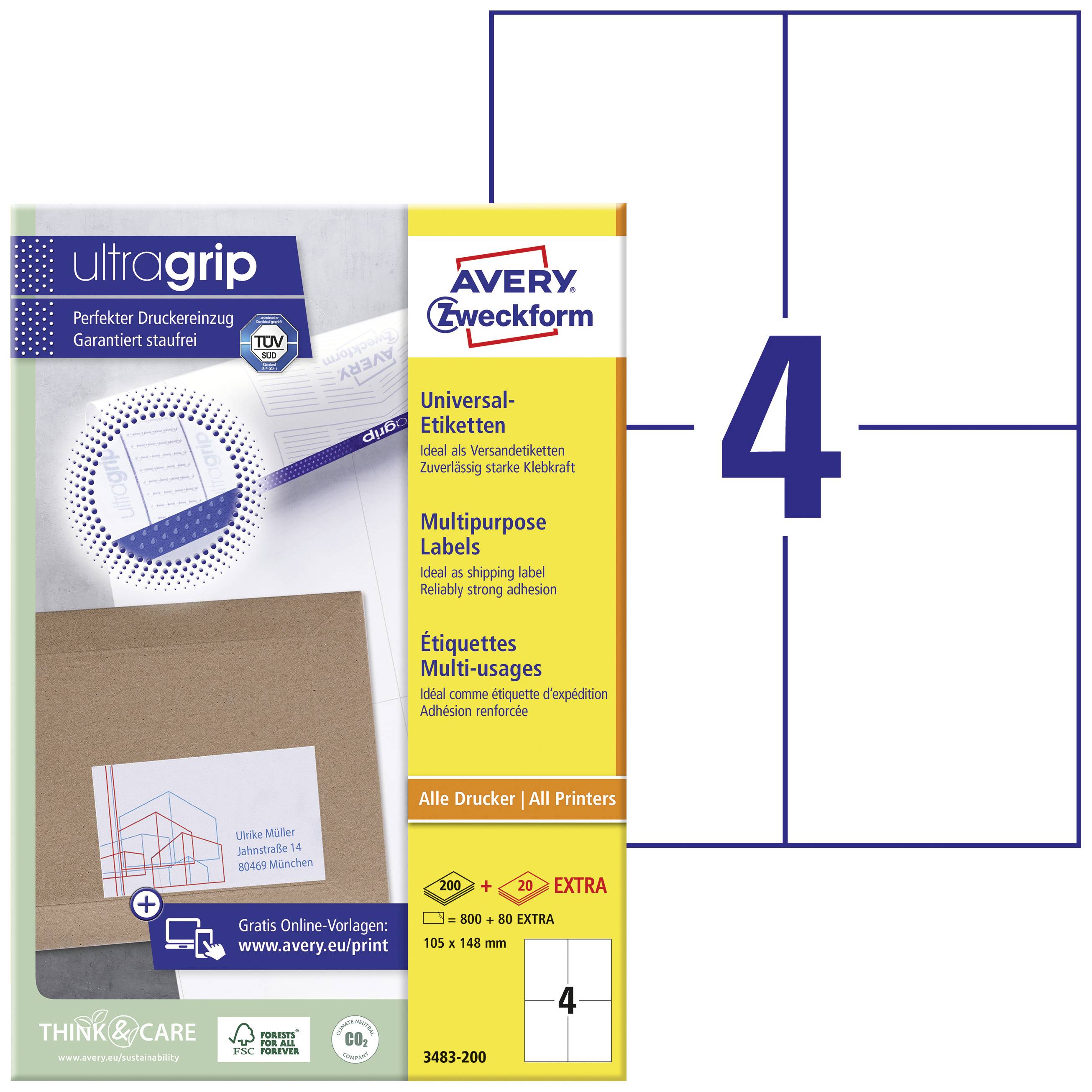 Avery-Zweckform 3483-200 Etiquette universelles 105 x 148 mm papier blanc 880 pc(s) fixation permanente imprimante à jet