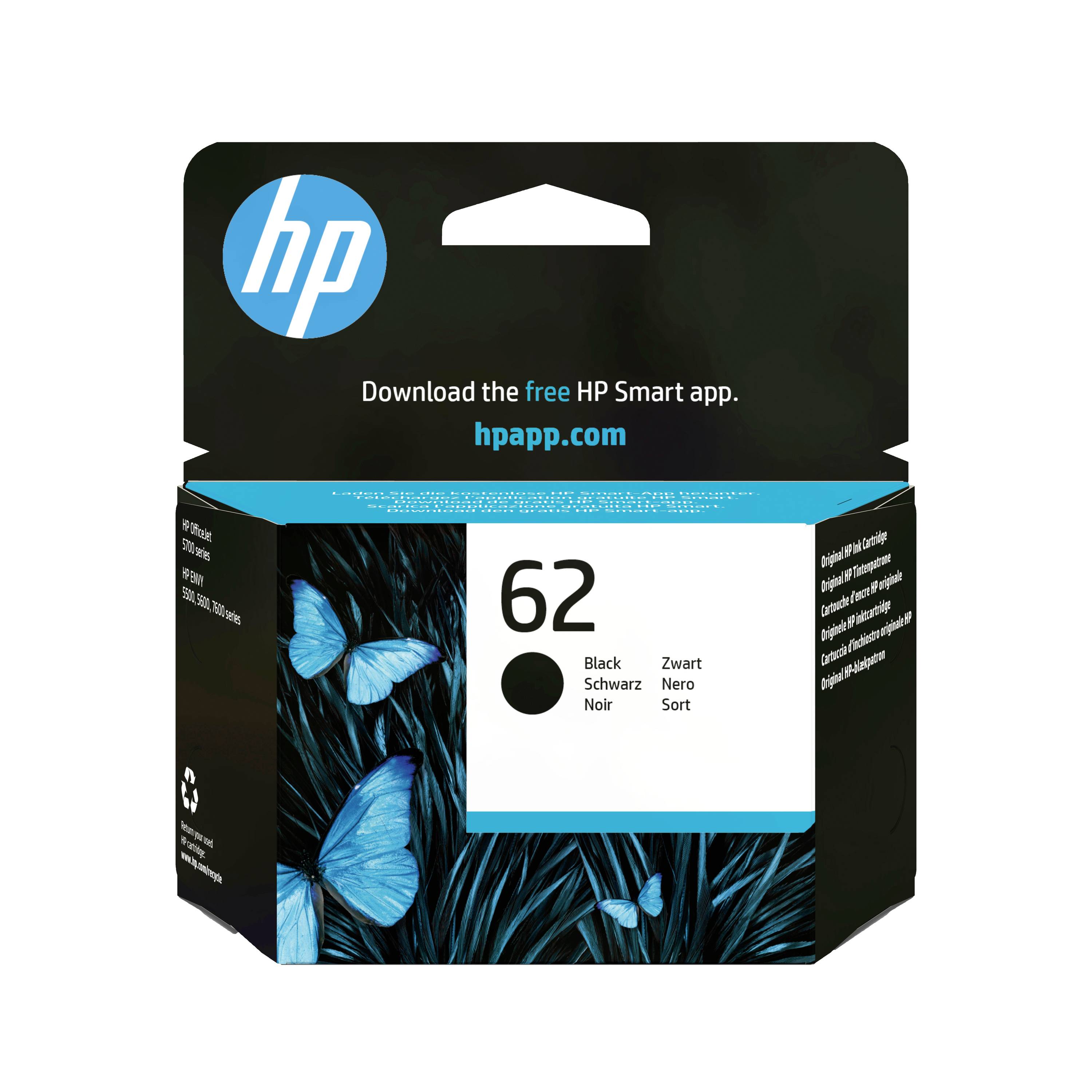 Emballage de la cartouche d'encre noire HP 62 avec papillons bleus et texte « Téléchargez l'application HP Smart gratuite. hpapp.com »