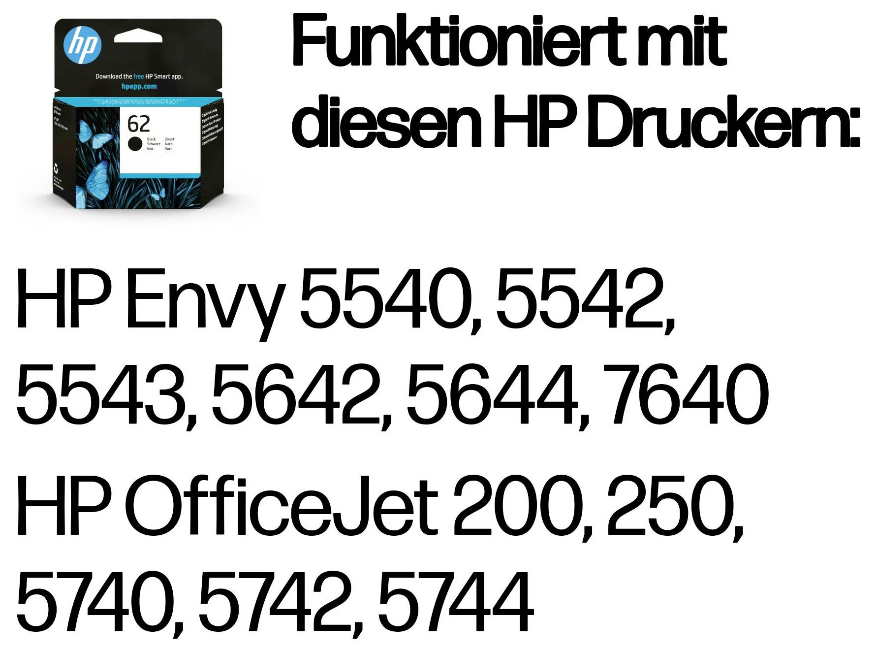 Emballage de cartouche d'encre HP 62 avec texte en allemand énumérant les imprimantes HP compatibles : Envy 5540, 5542, 5543, 5642, 5644, 7640 et OfficeJet 200, 250, 5740, 5742, 5744.