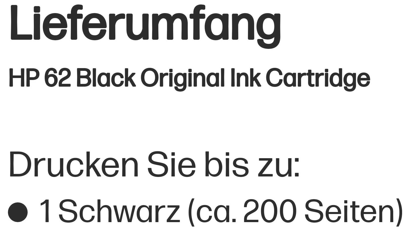 Texte d'emballage allemand indiquant « Lieferumfang » et « HP 62 Black Original Ink Cartridge » ; imprime jusqu'à 200 pages en noir.