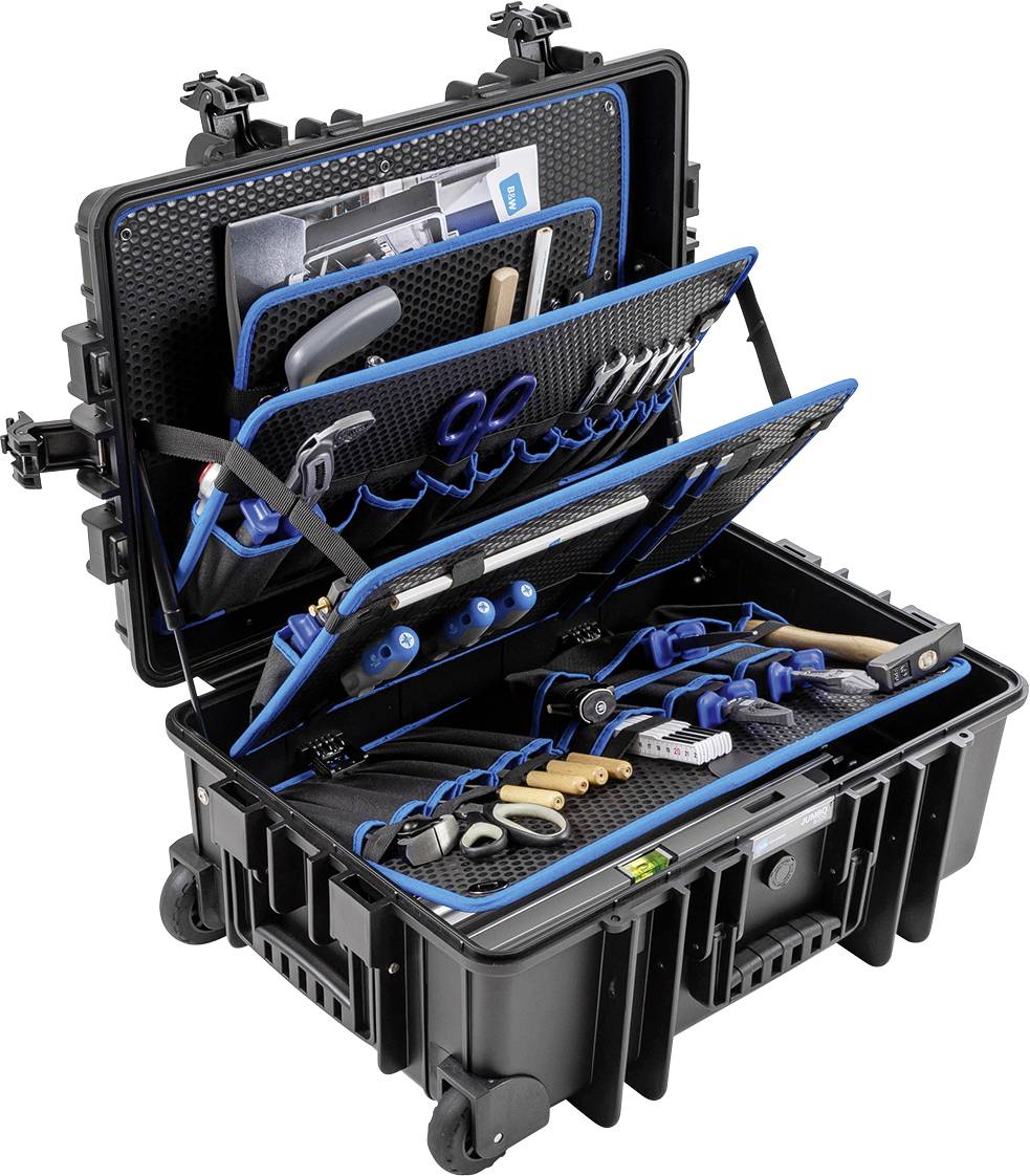 Une boîte à outils ouverte contenant divers outils tels que des pinces, des tournevis et des ciseaux, soigneusement rangés dans des compartiments.