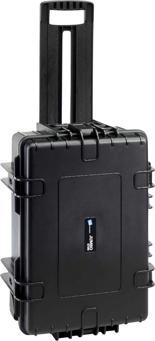 Valise rigide noire, robuste, avec poignée télescopique, adaptée au transport sécurisé d'objets fragiles.