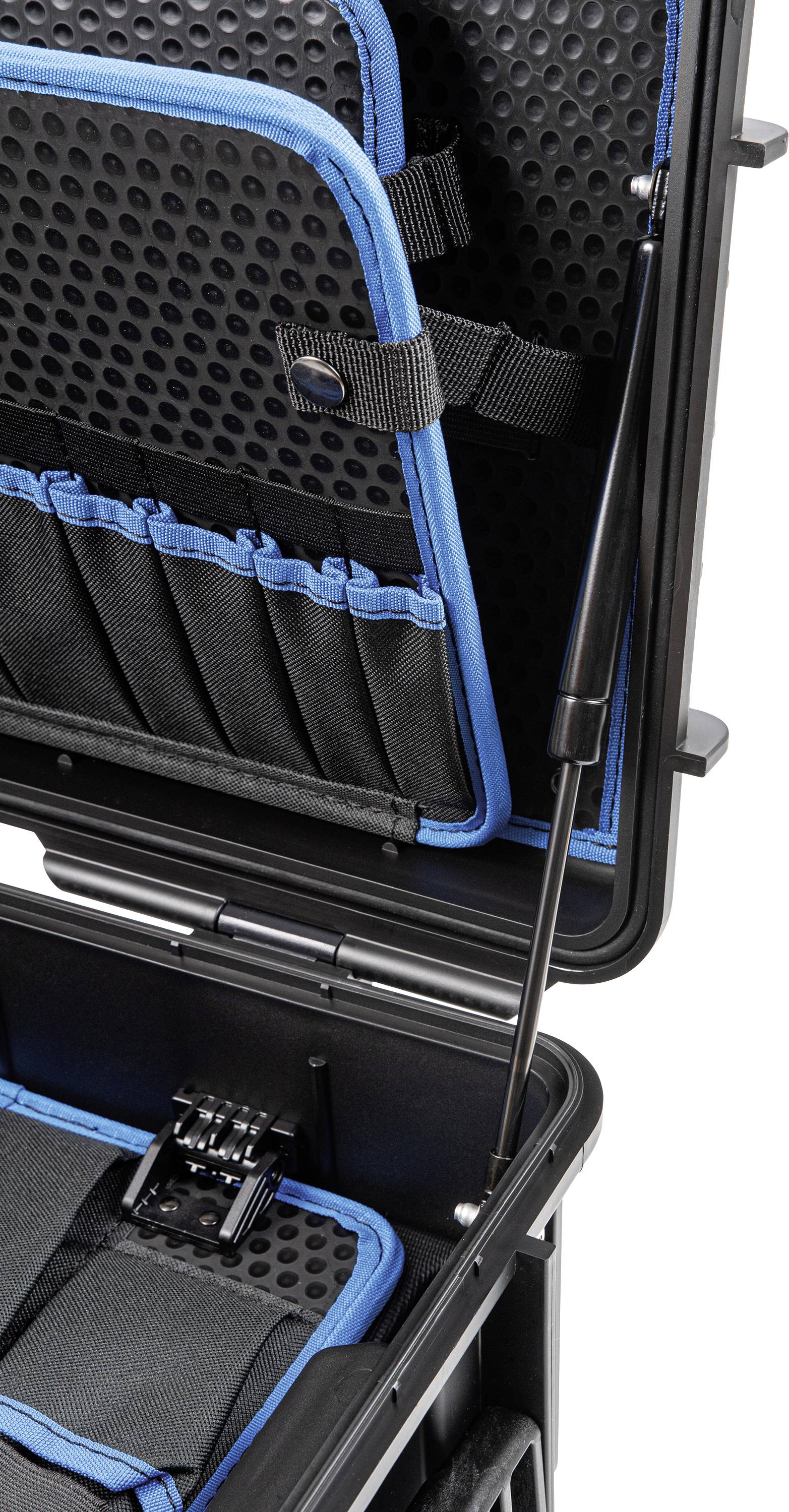 Une valise noire avec des bordures bleues, ouverte, montrant à l'intérieur des compartiments et des séparations, adaptée pour des appareils ou des outils.