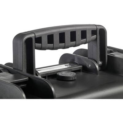 Poignée en plastique noir et robuste sur une valise. La poignée est texturée pour une meilleure prise en main.