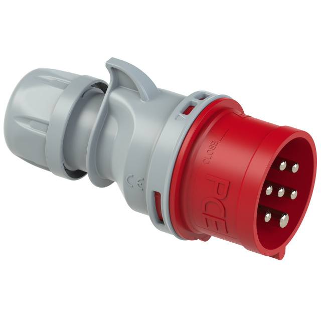 Un connecteur industriel rouge à cinq broches avec un boîtier gris et un écrou de serrage, adapté aux connexions électriques haute performance.