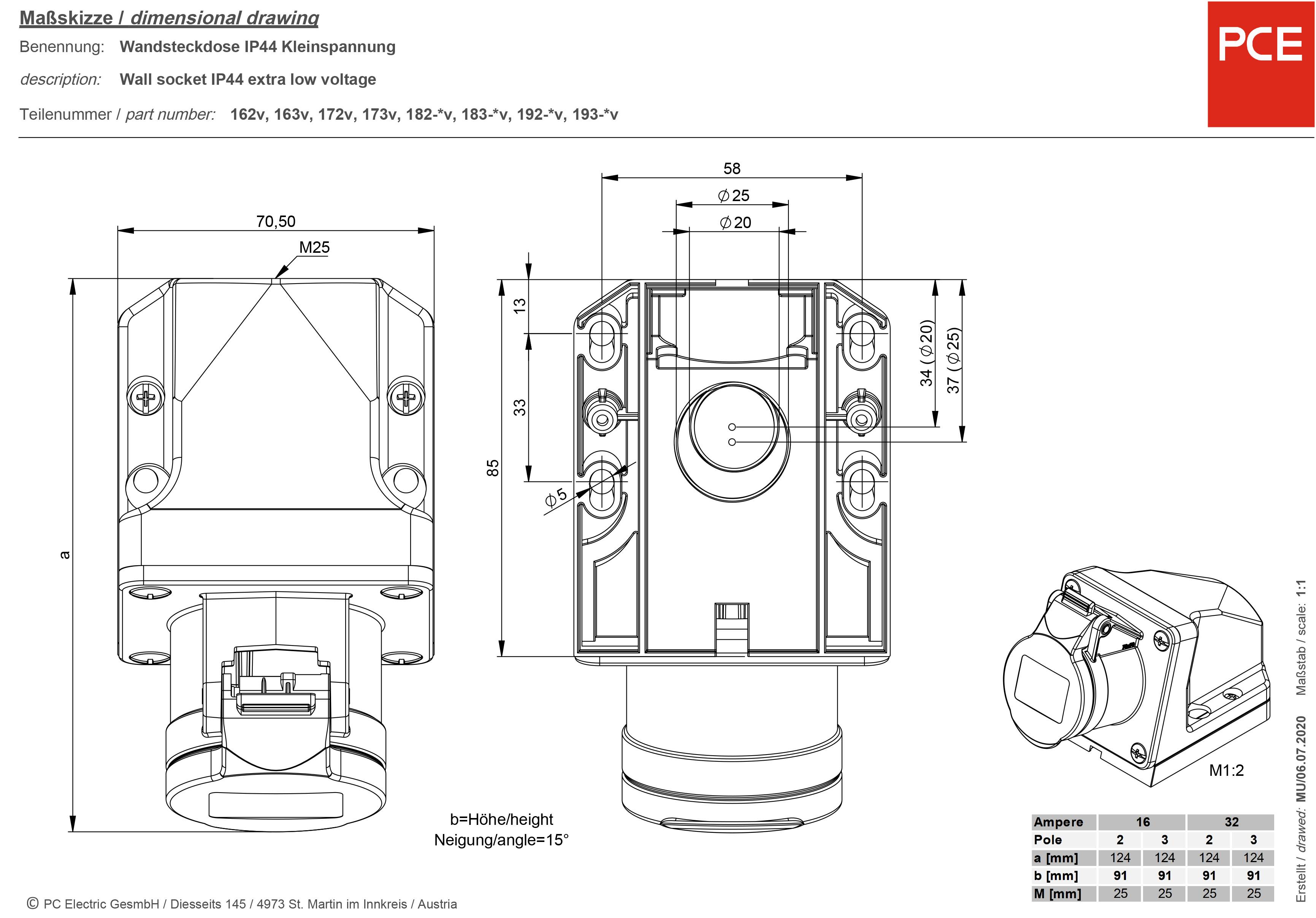 Dessin technique d'une prise murale IP44 pour basse tension avec dimensions et vues latérales. Fabricant : PCE.