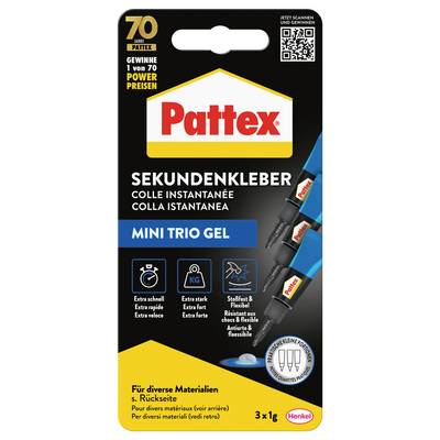Pattex Mini Trio Gel, un ensemble de trois tubes de colle instantanée conçus pour différents matériaux. Le texte met en avant sa prise rapide et son adhérence puissante.
