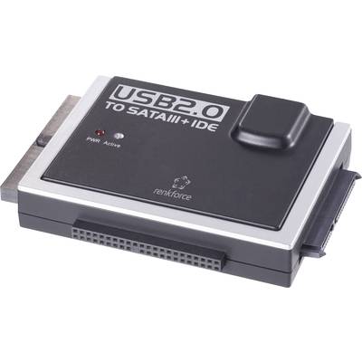 Adaptateur USB 2.0 vers SATA III et IDE de la marque 'renkforce', avec voyants LED indiquant l'alimentation et l'activité.