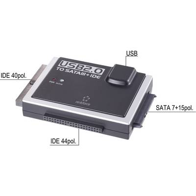 'Convertisseur USB 2.0 vers SATA III et IDE avec connexions pour USB, SATA 7+15 broches et IDE 40/44 broches. Indicateur LED : Alimentation et Activité.'