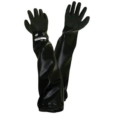 Gants de protection longs et noirs en matériau robuste, s'étendant au-delà des coudes, destinés à un usage chimique ou industriel.