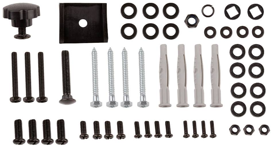 Différentes vis, chevilles et rondelles de tailles et de formes variées, triées en rangées sur un fond blanc.