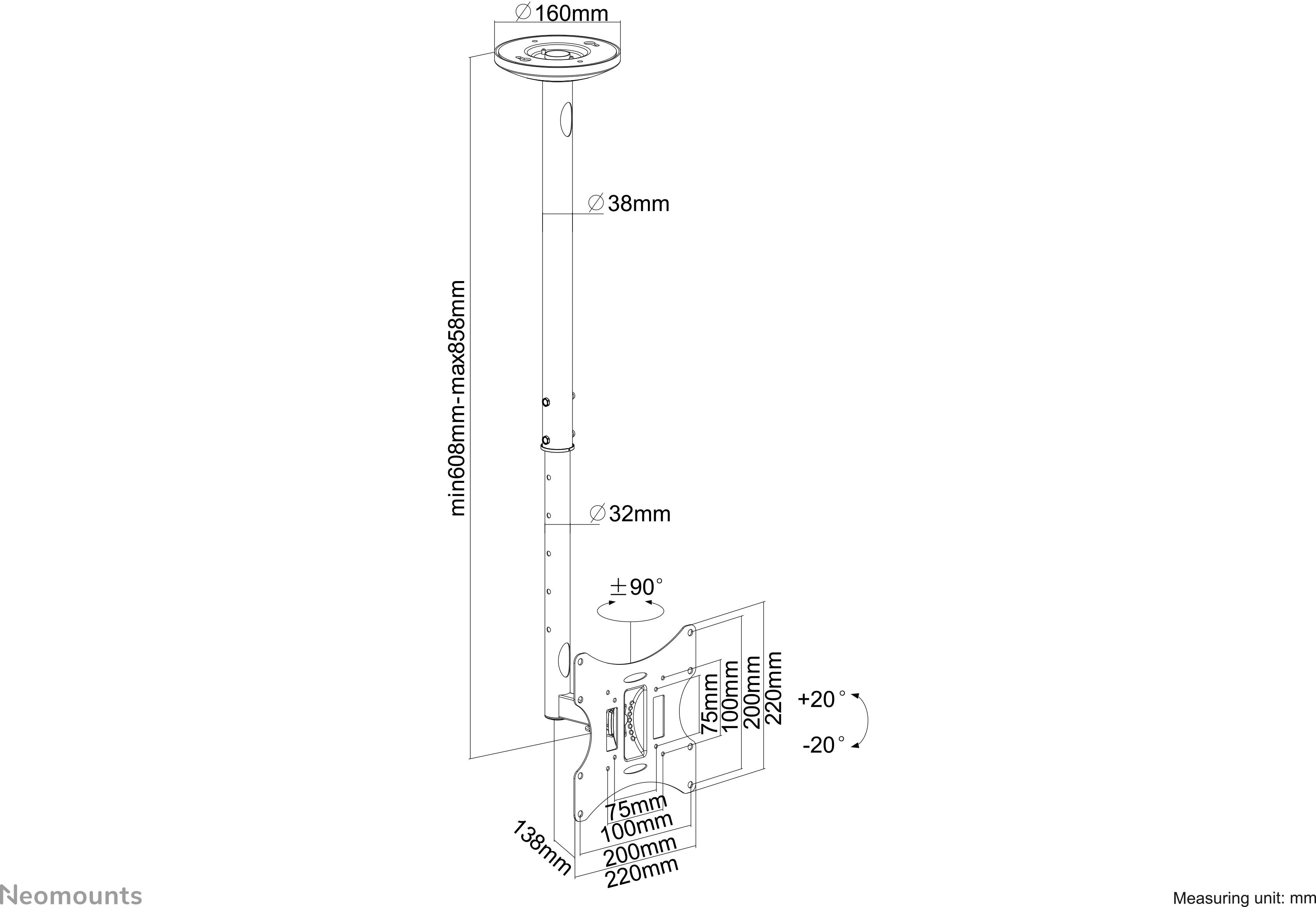 Dessin technique d'un support de plafond pour projecteurs. Dimensions : hauteur 680 mm-980 mm, max. 850 mm. Plage de rotation ±90°, inclinaison de -20° à +20°.