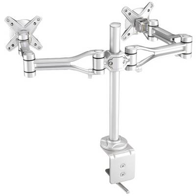 Support de moniteur double en métal, de couleur argent, avec deux bras articulés permettant de positionner individuellement les écrans. Pince de fixation en bas.