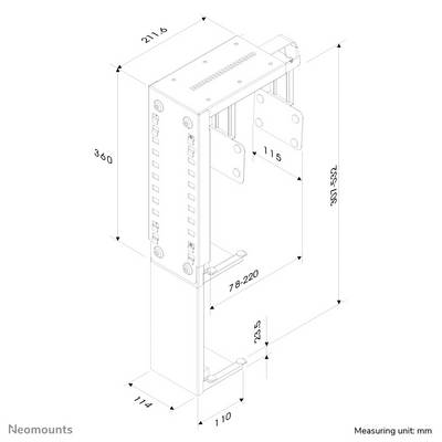 Dessin technique d'un support avec dimensions en mm : hauteur 360, largeur 110, profondeur 114. Plages réglables de 78-220 et 115-552.